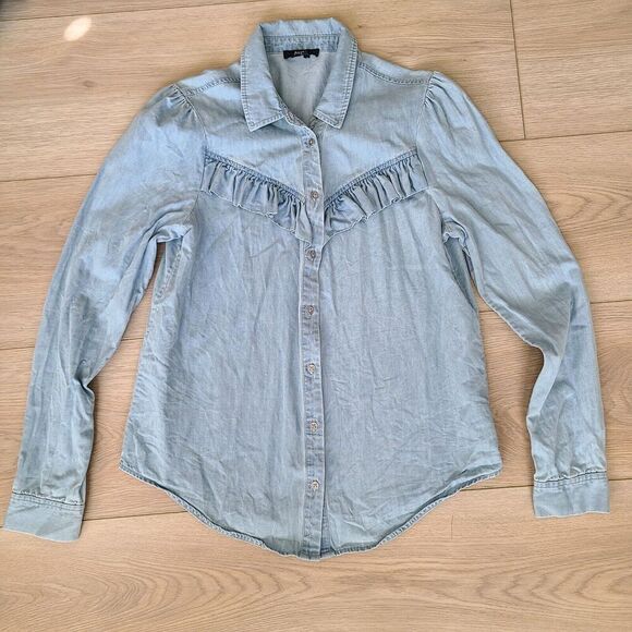 Paige Top S Blue Denim Chambray Ruffle Button-Front‎ Collared Western Shirt - Picture 1 of 12